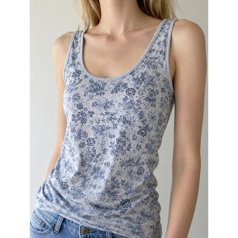 Lucky Brand Womens Gray Blue Floral Tank Top Size Medium English Countryside